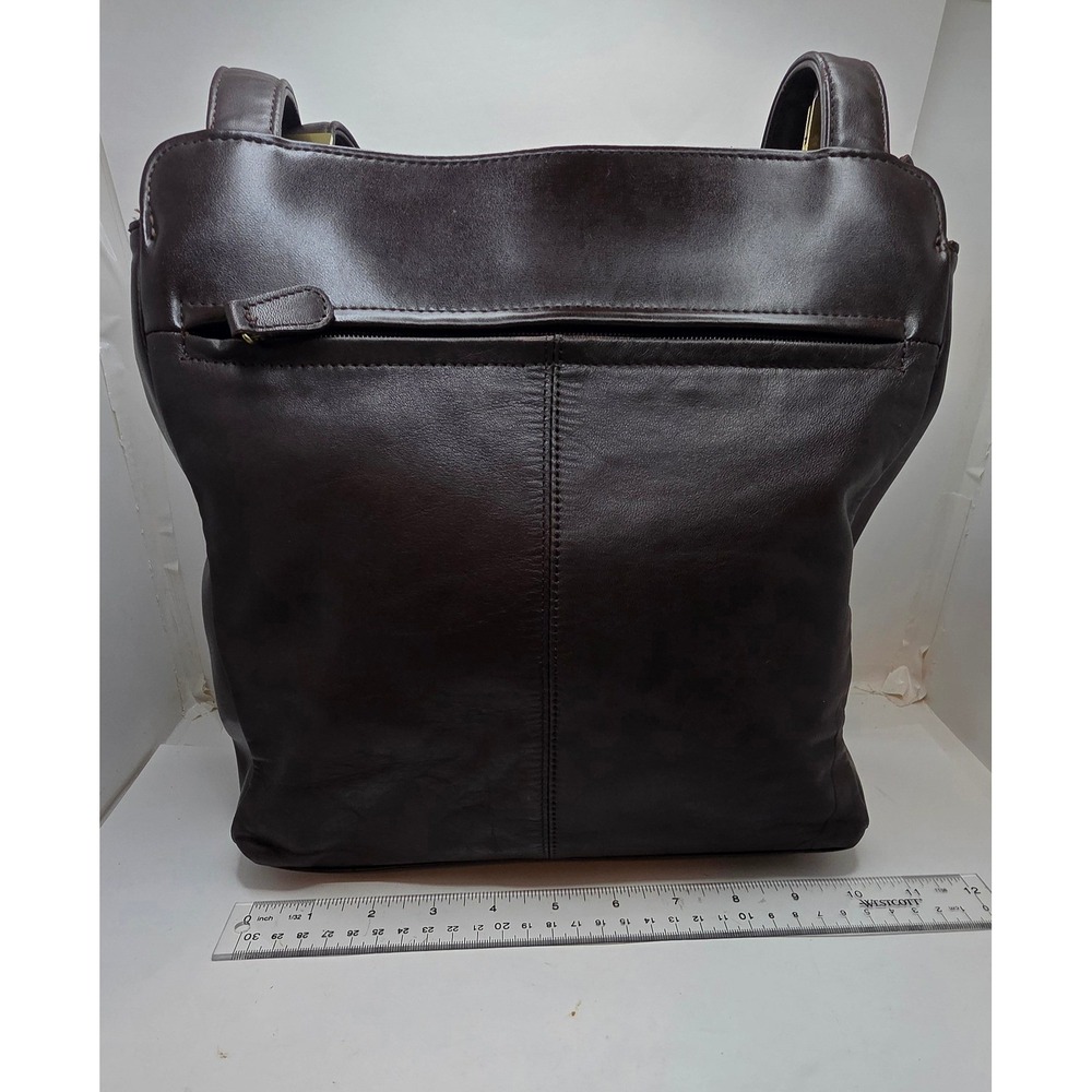 Liz Claiborne Brown Genuine Leather Shoulder Bag Gold Hardware Multi Compartment